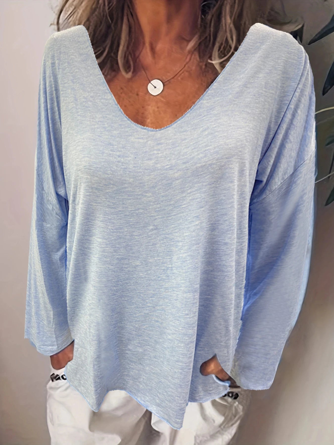 Camiseta de mujer de moda de verano, color liso, estilo casual, versátil, holgada, con cuello en V, manga larga, estilo Y2K.