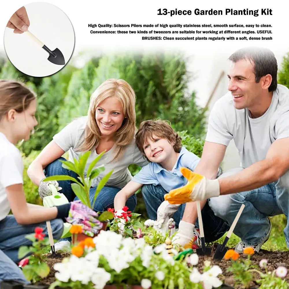 Juego de 13 mini palas, rastrillos, azadas y tijeras para bonsái con mango de madera, ideales para flores, plantas en maceta y deshierbe en el jardín.